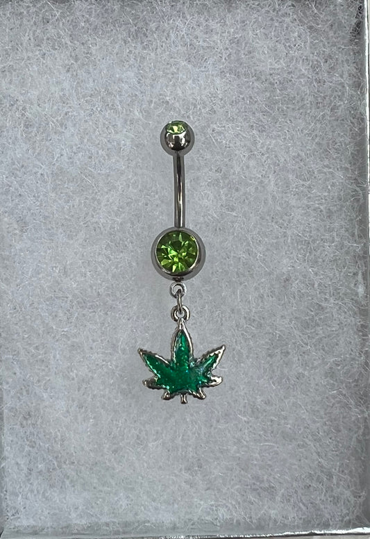 Weed Leaf Dangle Belly Ring Encapsulated Glitter