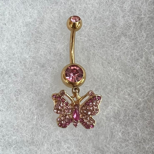 Pink Cz Butterfly Belly Ring