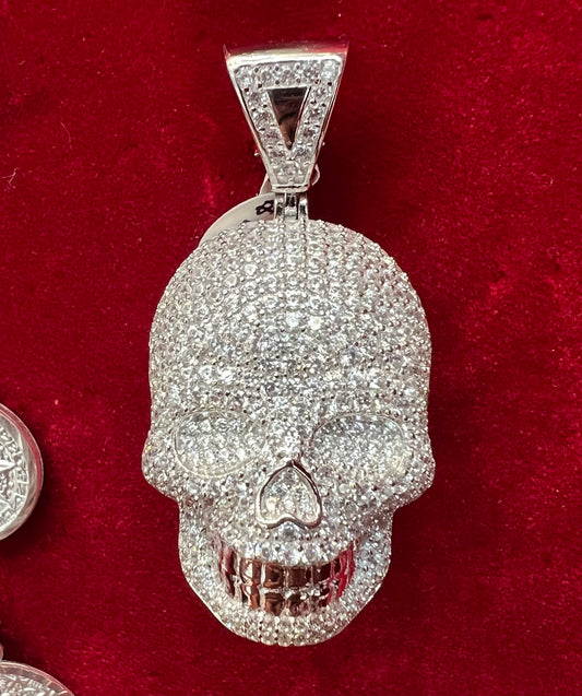 3D Iced Out Skull Pendant Sterling Silver