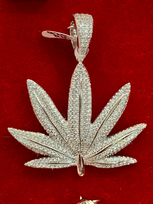 Silver Bud Leaf Iced Out Sterling Silver Rhodium Plated Pendant