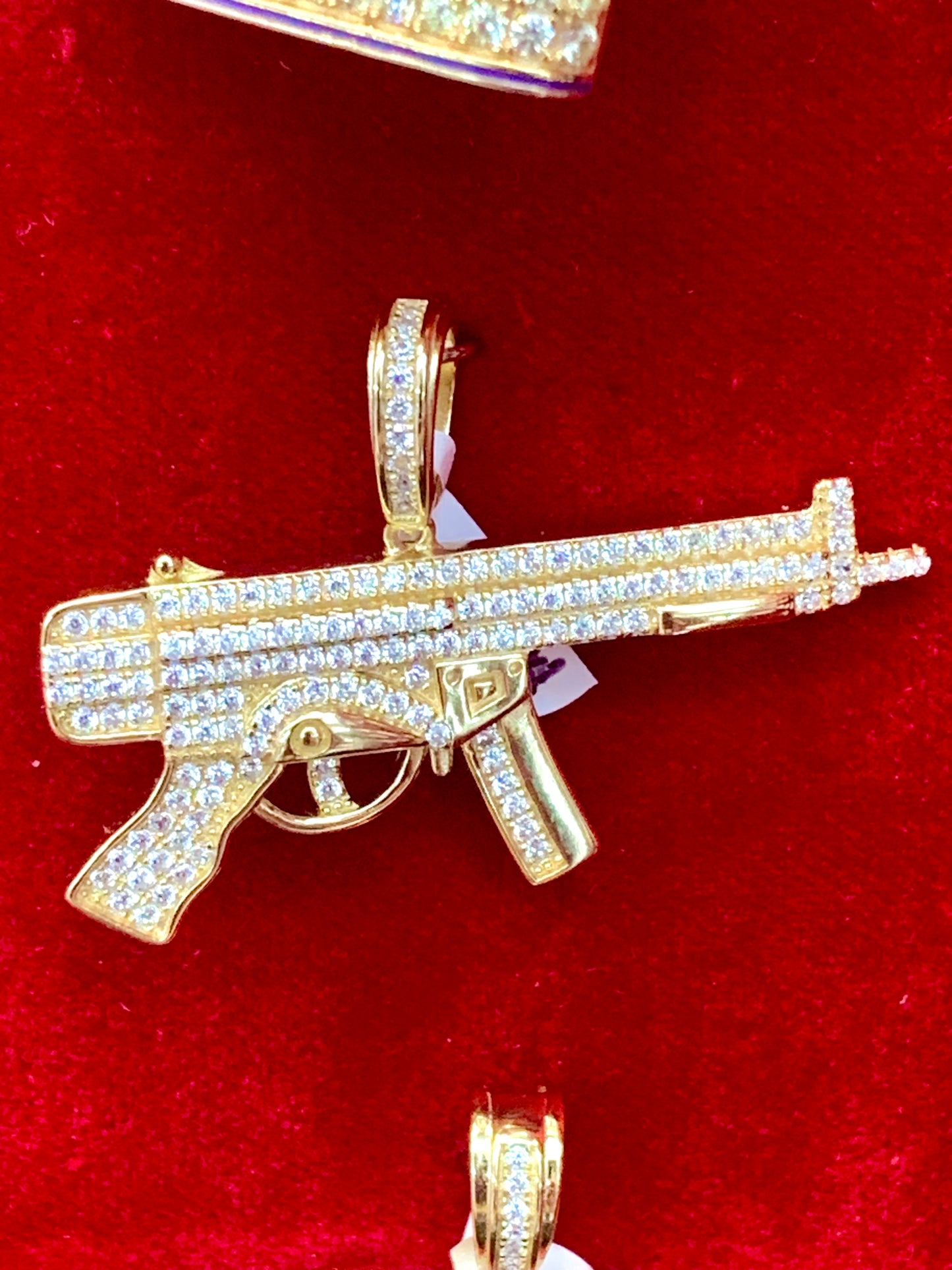 MP5 Gun Iced Out Gold Plated on Sterling Silver Rhodium Plated Pendant