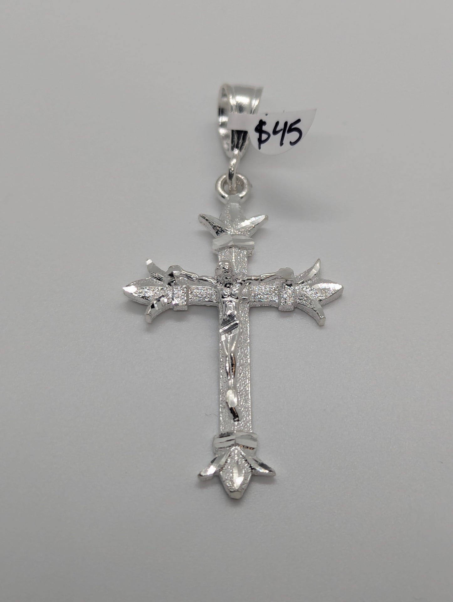 Diamond Cut Fleur Crucifix 925 Sterling Silver Pendant