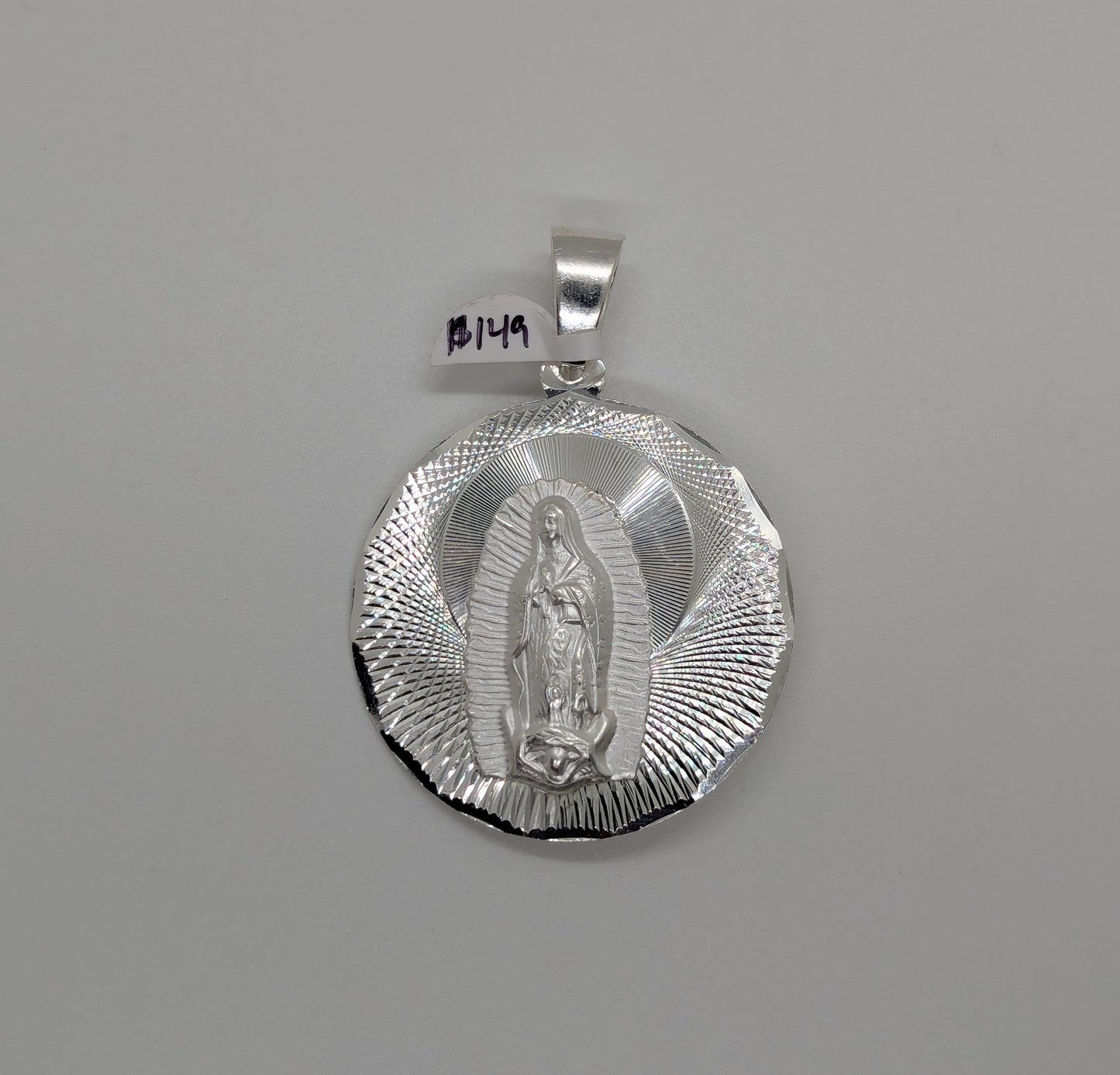 Double Sided Jesus Face and Virgin Mary Medallion Diamond Cut Border 925 Sterling Silver Pendant