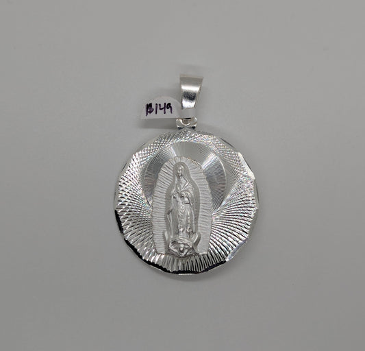 Double Sided Jesus Face and Virgin Mary Medallion Diamond Cut Border 925 Sterling Silver Pendant