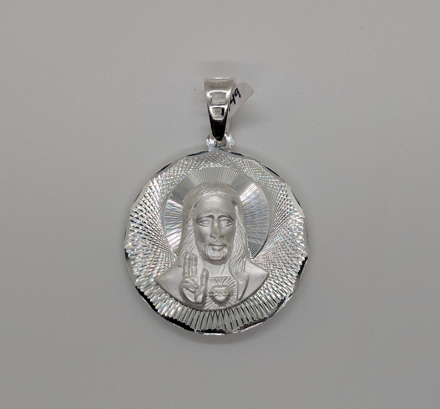 Double Sided Jesus Face and Virgin Mary Medallion Diamond Cut Border 925 Sterling Silver Pendant