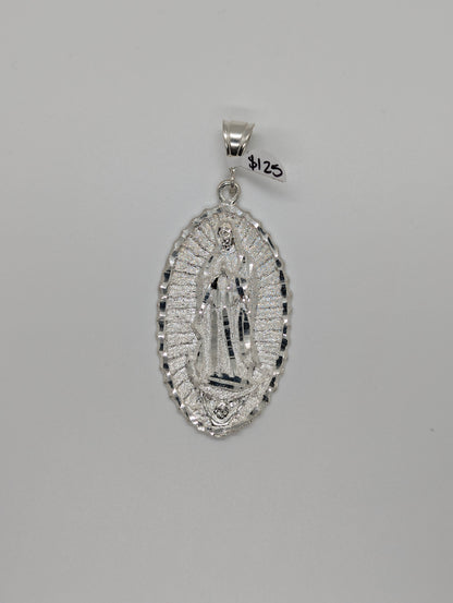 Oval Virgin Mary Diamond Cut Large 925 Sterling Silver Pendant