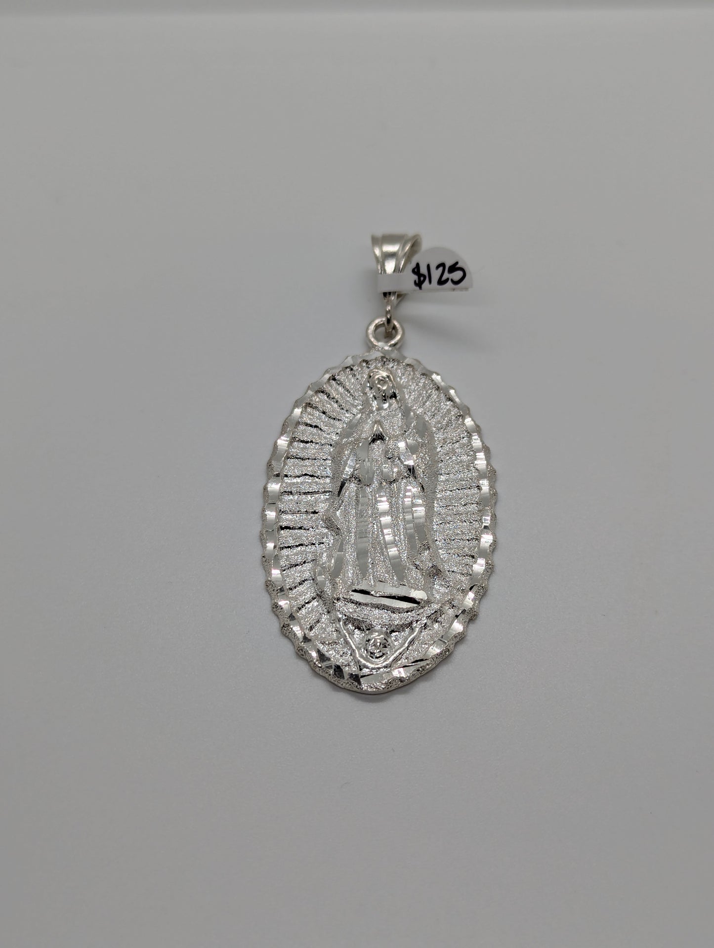 Oval Virgin Mary Diamond Cut Large 925 Sterling Silver Pendant