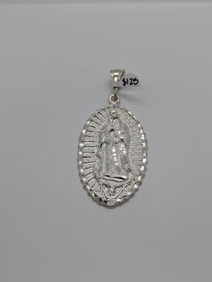 Oval Virgin Mary Diamond Cut Large 925 Sterling Silver Pendant