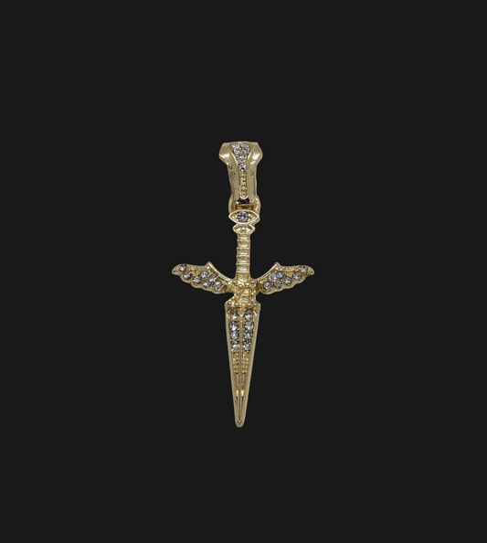 Winged Dagger Pendant Blinged Out Gold Plated Pendant