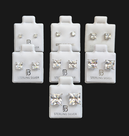 925 Sterling Silver Rhodium Plated Square Princess Cut Prong Set CZ Earrings Butterfly Back