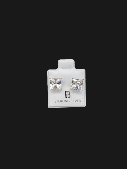 925 Sterling Silver Rhodium Plated Square Princess Cut Prong Set CZ Earrings Butterfly Back